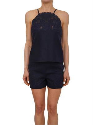 TWIN-SET Top Twinset in misto lino e viscosa blu con ricamo in DONNA