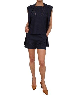 TWIN-SET Top Twinset in misto lino e viscosa blu con ricamo in DONNA