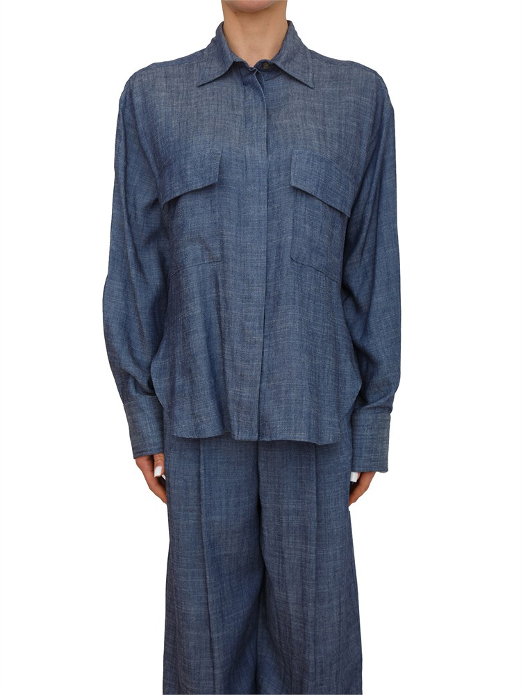 Camicia Peuterey in denim di lyocell e lino blu