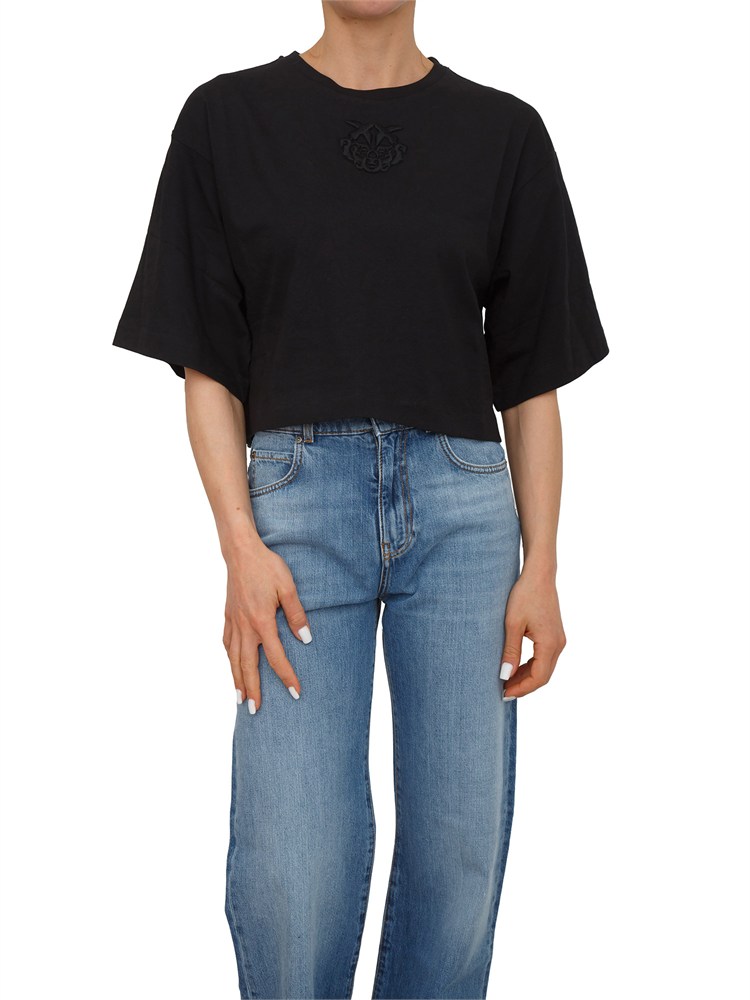 T-shirt cropped Borghetto Pinko in cotone nero ricamo logo