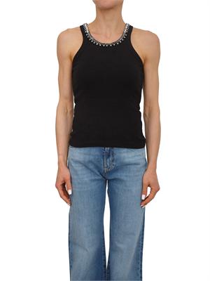 Top Redbull Pinko in cotone nero scollo cristalli in DONNA