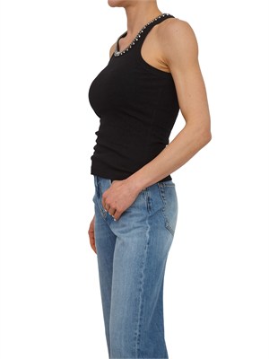 Top Redbull Pinko in cotone nero scollo cristalli in DONNA