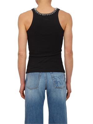 Top Redbull Pinko in cotone nero scollo cristalli in DONNA