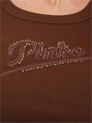 Canotta Caipiroska Pinko in cotone marrone logo strass in DONNA