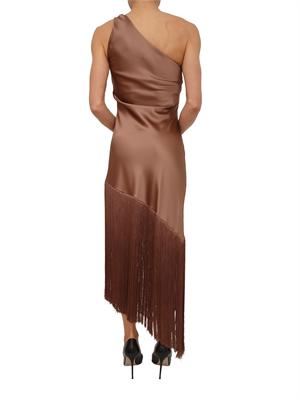 Abito Kiwi Pinko in satin marrone con frange in DONNA