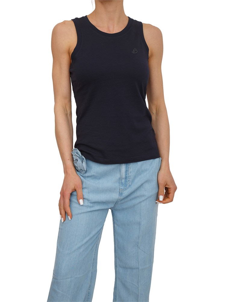 Canotta Blugirl in cotone blu con logo strass