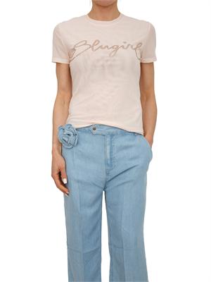 T-shirt Blugirl in tulle doppio cipria con logo cristalli in DONNA