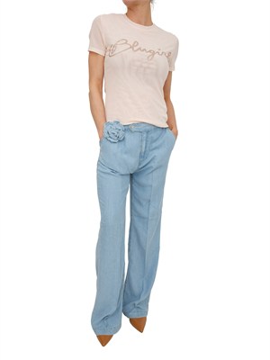 T-shirt Blugirl in tulle doppio cipria con logo cristalli in DONNA