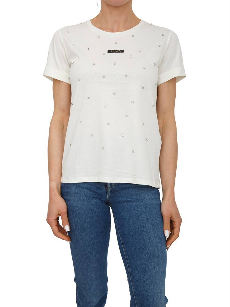 T-shirt Liu Jo donna in cotone bianco panna con cristalli