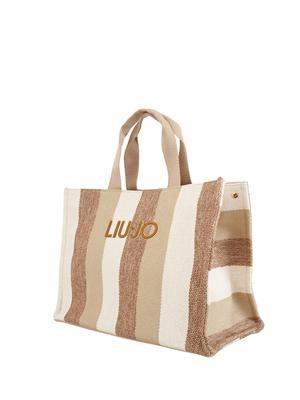 Borsa tote grande Liu Jo in canvas a righe beige in DONNA