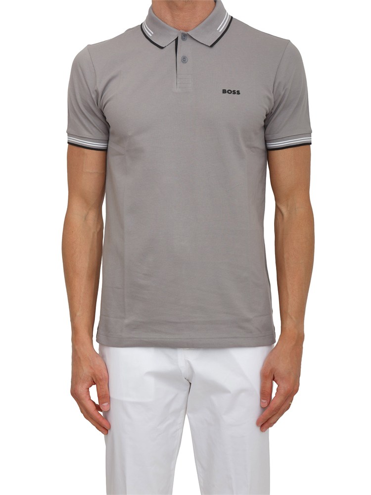 Polo Boss uomo in cotone elasticizzato grigio con profili