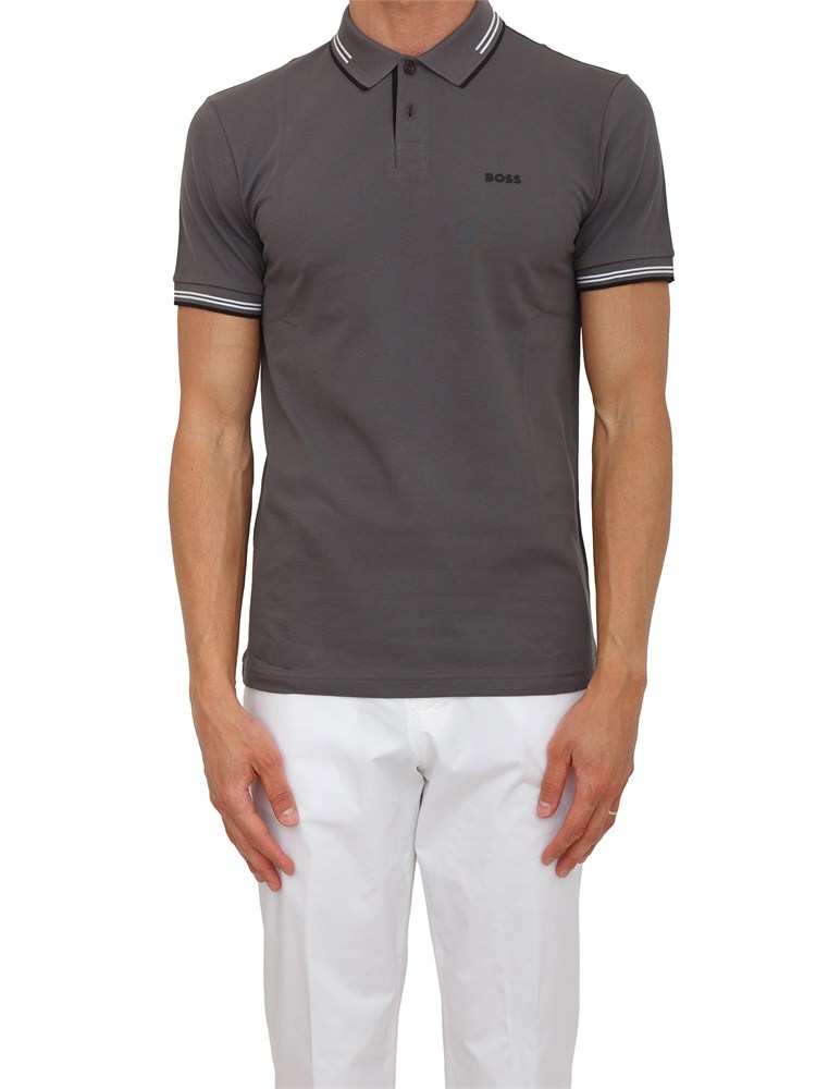 Polo Boss uomo in cotone elasticizzato grigio con profili