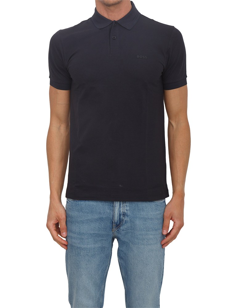 Polo Boss uomo in cotone elasticizzato blu con profili