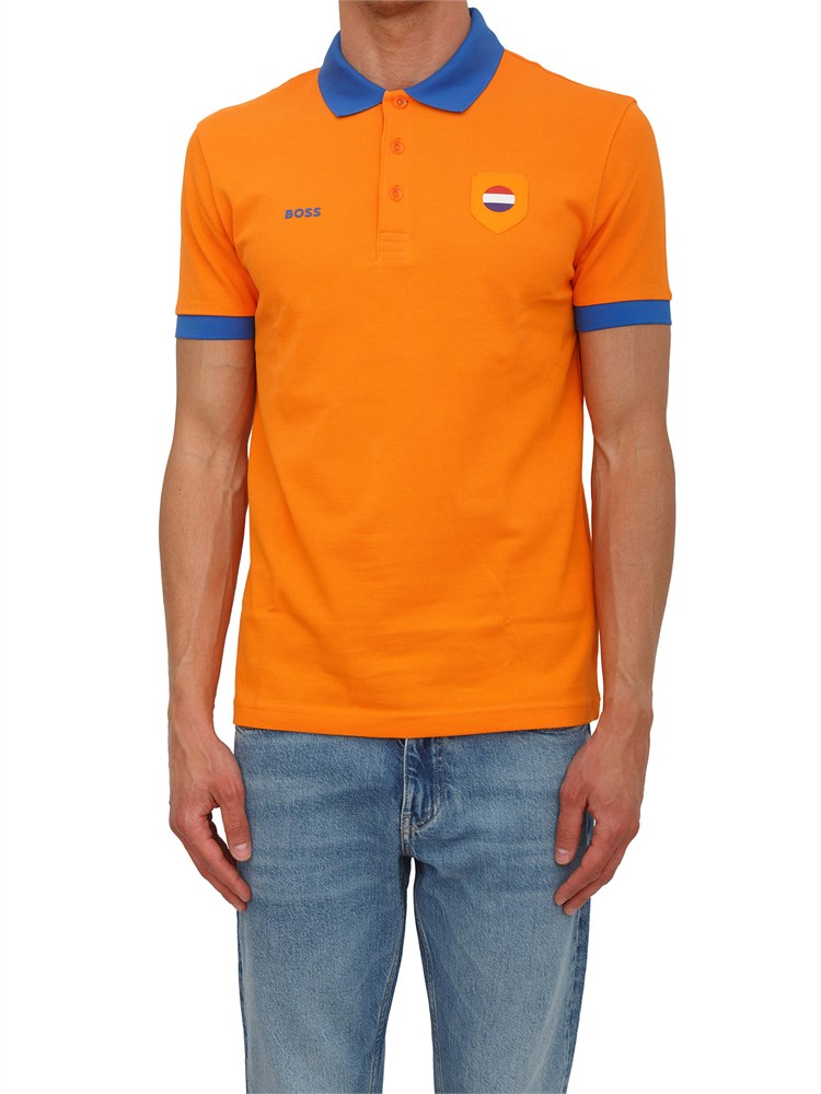 Polo BOSS uomo in cotone arancione patch bandiera
