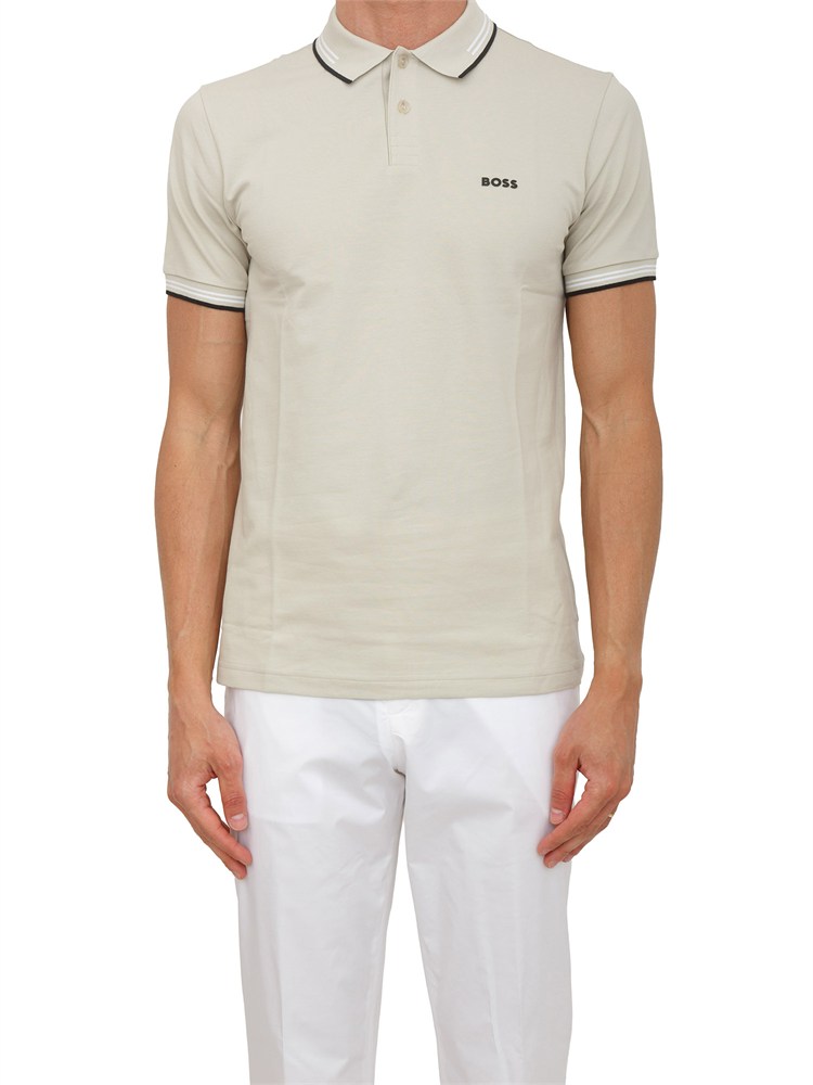 Polo Boss uomo in cotone elasticizzato beige con profili