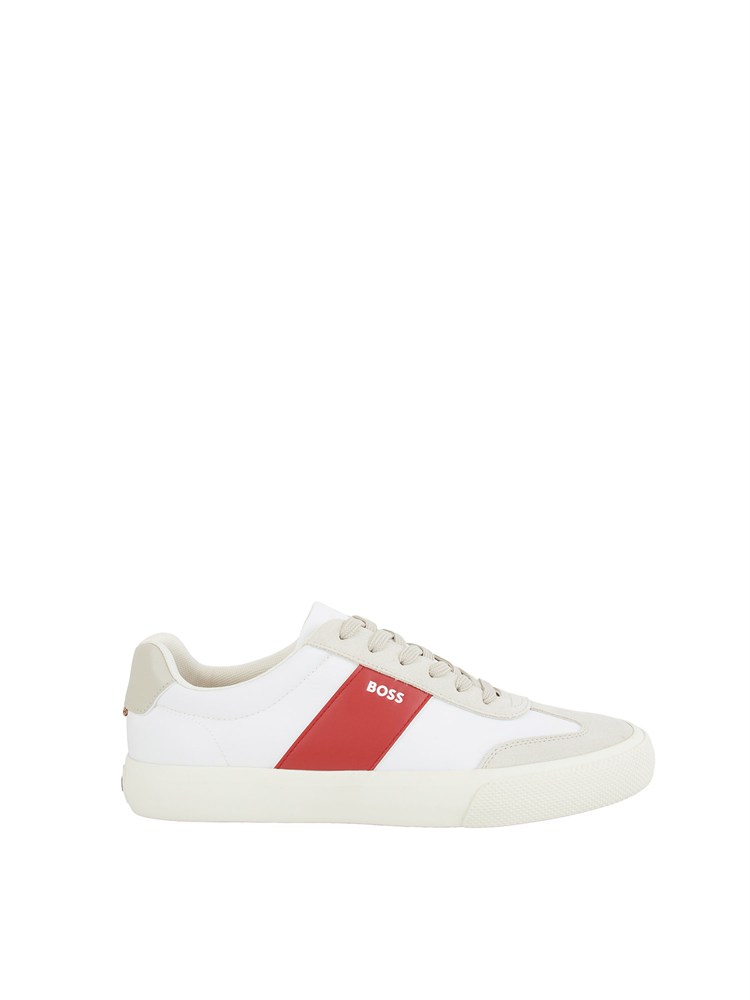 Sneakers Boss uomo in pelle bianca inserto rosso