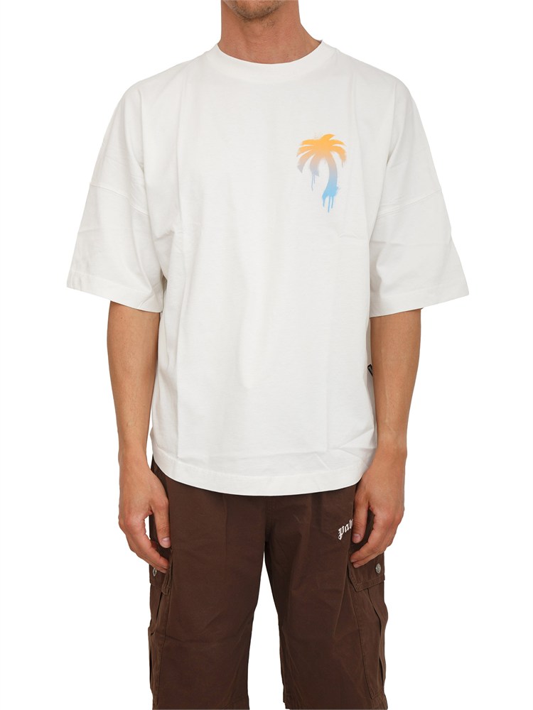 T-shirt Palm Angels in cotone avorio stampa palma