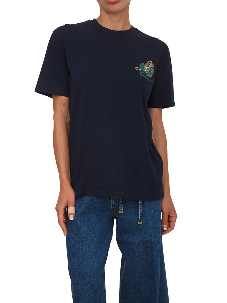 T-shirt Etro donna in cotone blu e logo a contrasto
