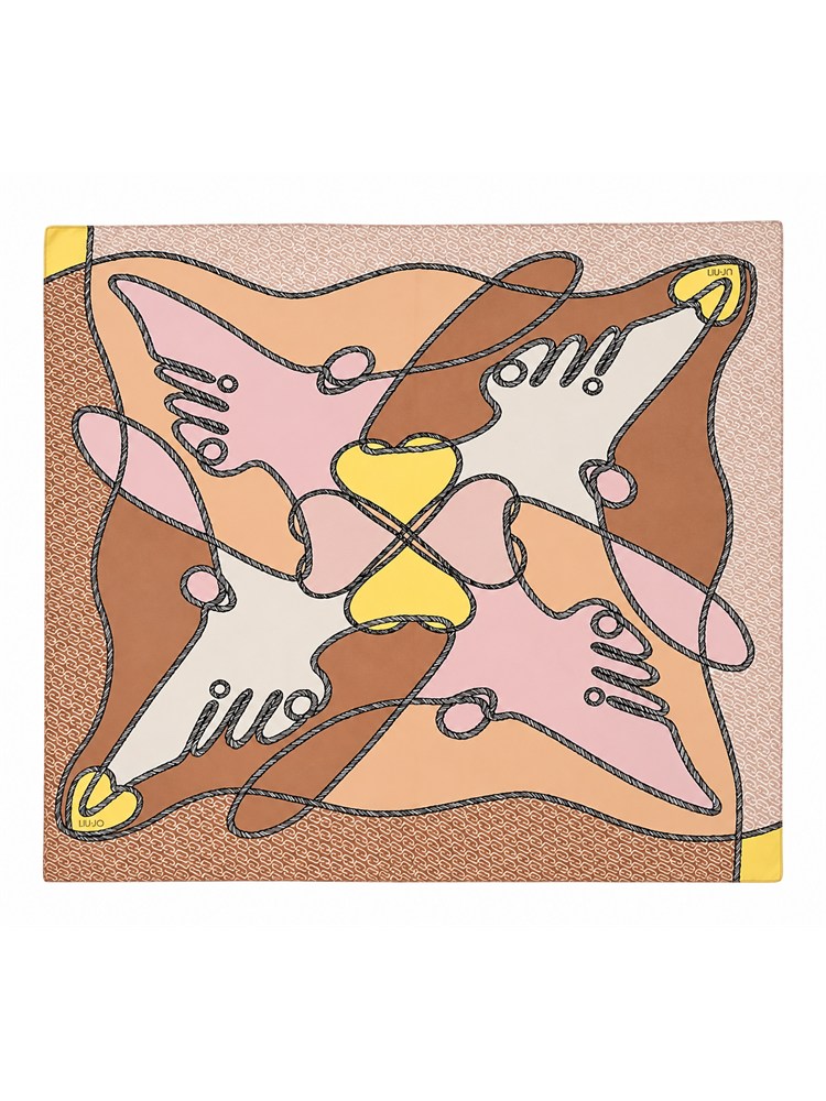 Stola beige 120x120 Liu Jo donna stampa astratta cuori e logo
