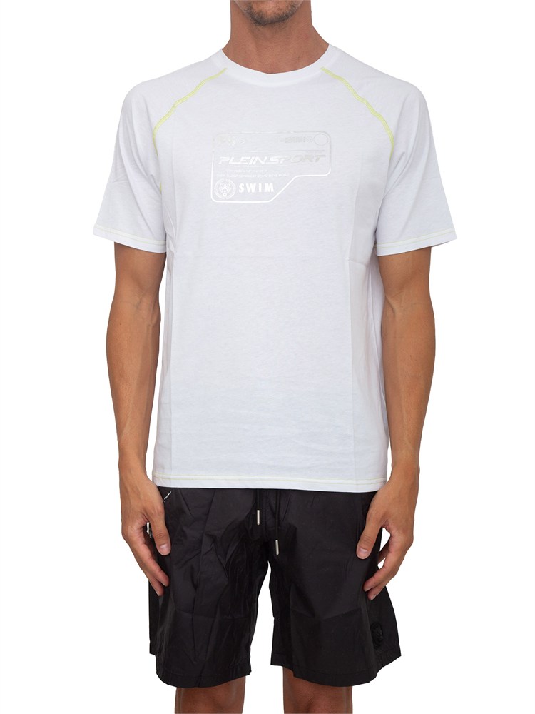 T-shirt bianca Plein Sport Swim uomo logo e cuciture a contrasto