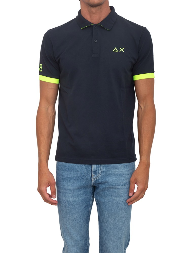 Polo SUN68 in piquet di cotone blu con profili