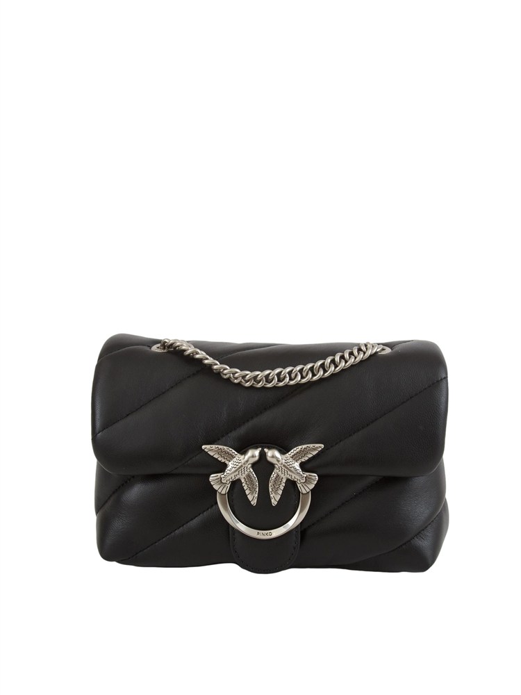 Borsa Pinko Mini Love Bag Puff in pelle nera e fibbia argento