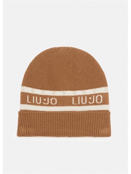 berretto beanie liu jo donna in viscosa cammello con perle tf5239ma92f