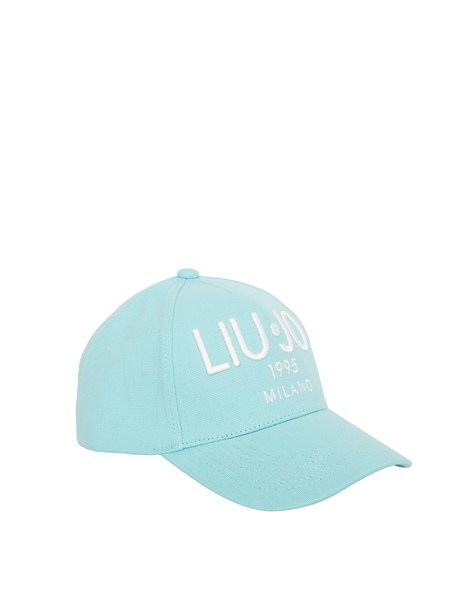 cappello liu jo donna in canvas celeste con logo va6206t9555