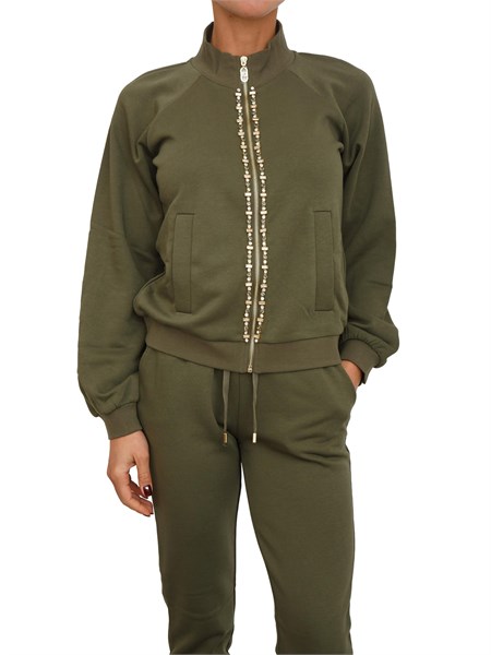 felpa full zip liu jo donna in misto cotone verde con strass tf5112fs321