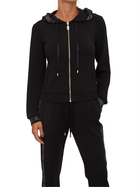 felpa liu jo donna in cotone nero con bordo strass logo tf5302j4616
