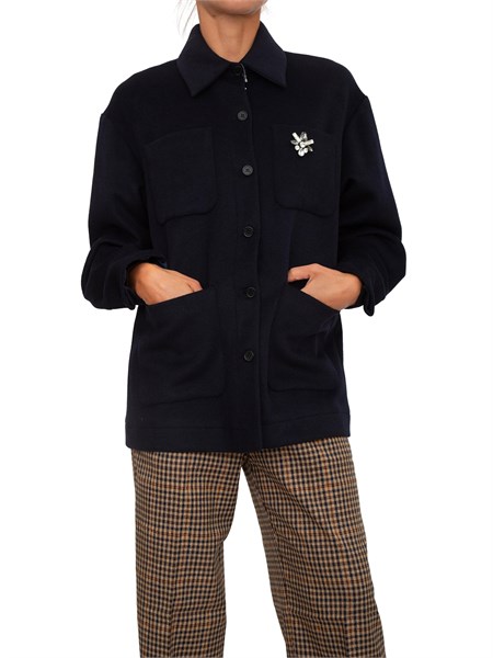 giacca camicia liu jo in misto flanella blu con spilla gioiello mf5148t165a