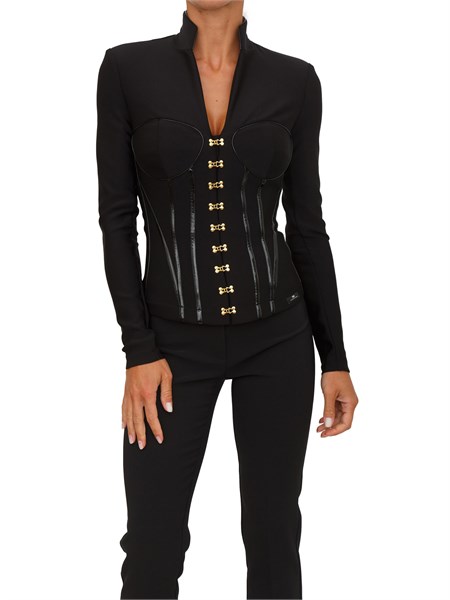 giacca elisabetta franchi in neoprene nero con dettagli corsetto gi18257e2