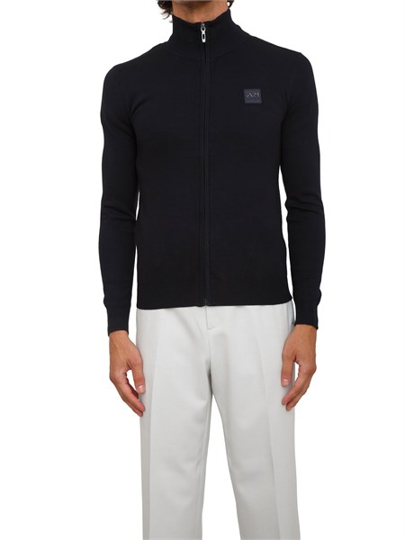 maglia antony morato slim fit in misto viscosa blu con patch logata e zip mmsw01441ya500002