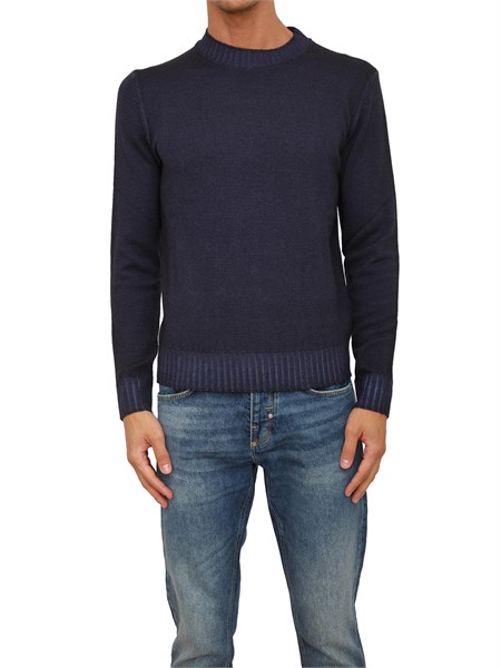 maglia girocollo aiace galassi in pura lana blu con fondi a costine delave 1852460