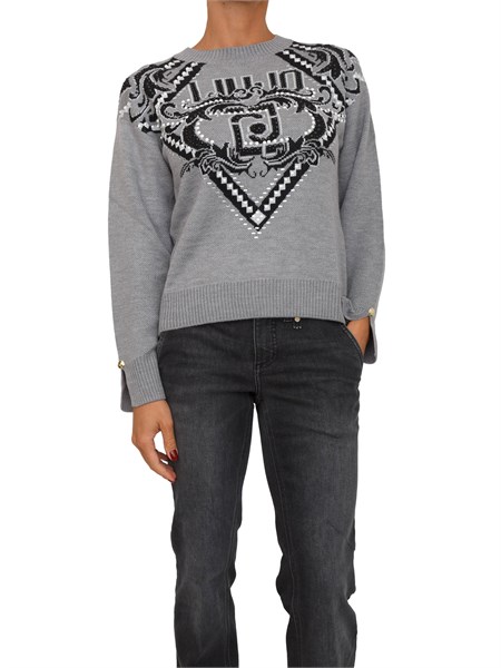 maglia liu jo donna in lana grigia con logo jacquard strass e borchie tf5225ma51i