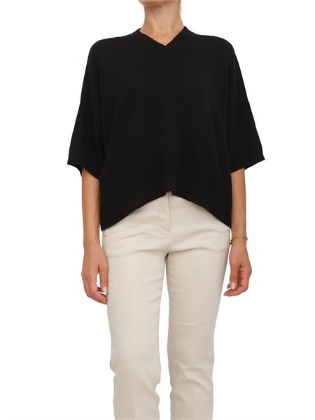 maglia marella smanicata con scollo v in misto lana nera goletta
