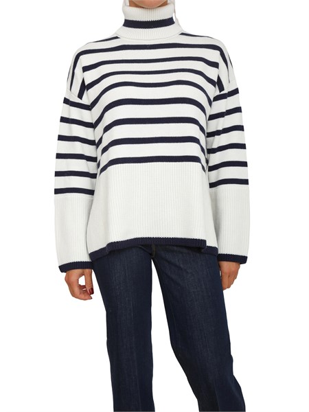 maglione guess jeans donna in misto cotone righe bicolor panna e blu w5br34z37l1