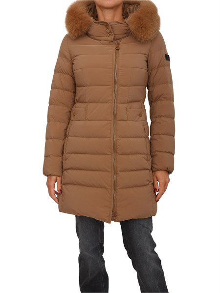 piumino lungo marrone in piuma naturale peuterey con collo alto e pelliccia volpe removibile ped5458seriolaml06fur