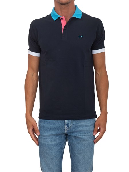 polo sun68 in piquet di cotone blu con profili a36116
