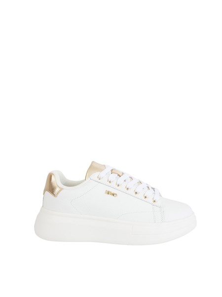 sneakers liu jo donna in pelle bottalata bianca con inserti laminati oro bf5059px748