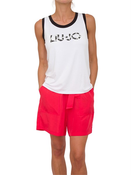 top bianco a costine liu jo donna con logo con perle applicate e bordi a contrasto va5138js360