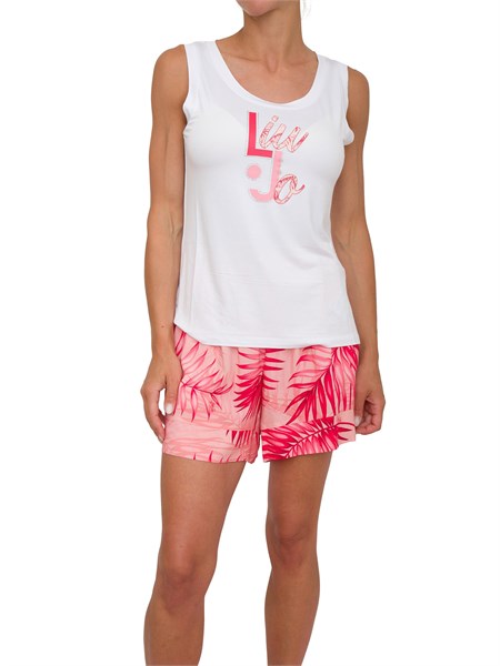 top bianco liu jo donna con stampa logo palme e strass va5195js360