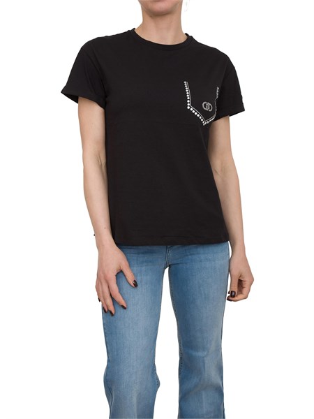 t shirt nera liu jo applicazioni strass a taschina wa5145j4893