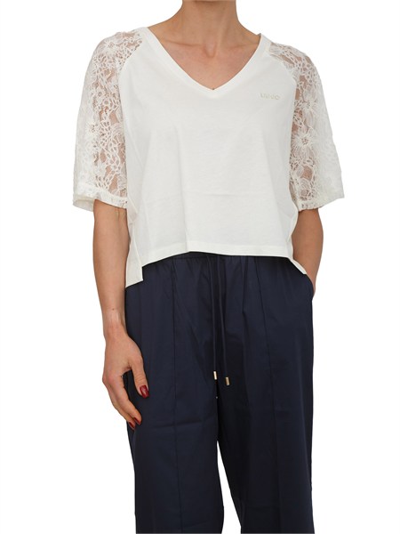t shirt liu jo donna in cotone bianco con pizzo ta6160js923