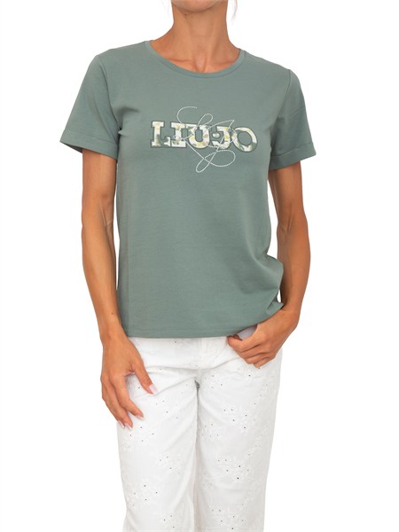 t shirt liu jo donna in cotone verde con logo ta6163js003