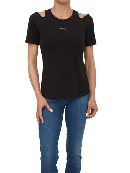 t shirt nera cut out liu jo donna in bamboo e cotone ta6170js005